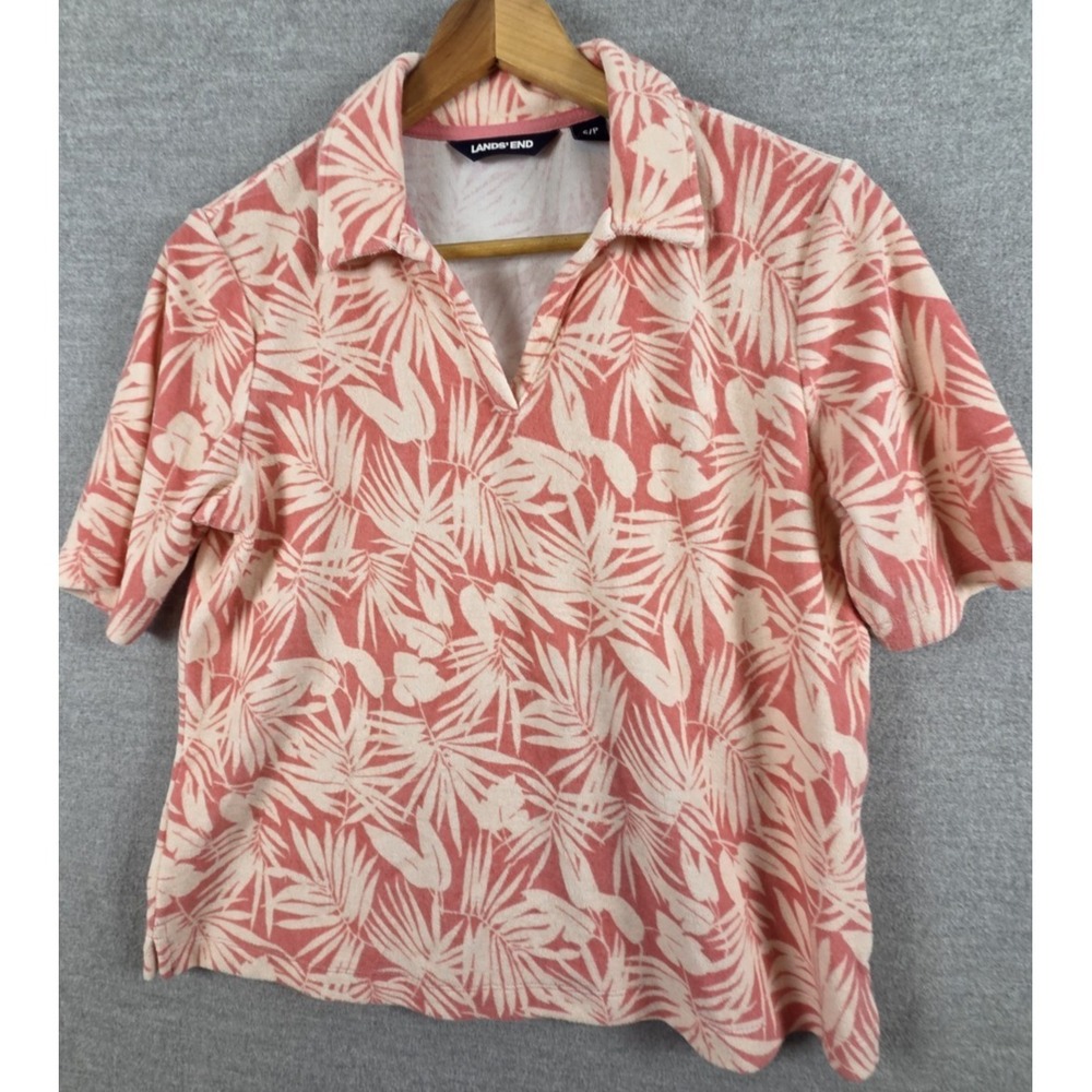 Lands End S Terry Cloth Knit Polo Top Coral Foliage Palms Beach Boho Coastal